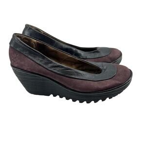 FLY London Yoko Two Tone Leather Wedge Slip On Shoes Women's 39 / US 8-8.5